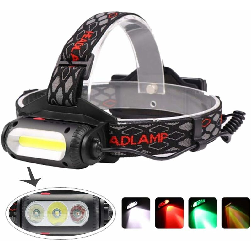 

Linterna frontal recargable, COB Potentes faros LED de 1000 lúmenes con luz roja / verde / blanca para pescar en camping, senderismo, visión nocturna