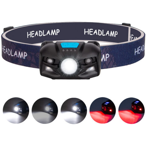 Linterna frontal recargable con sensor de movimiento, LED con 5 modos de brillo.