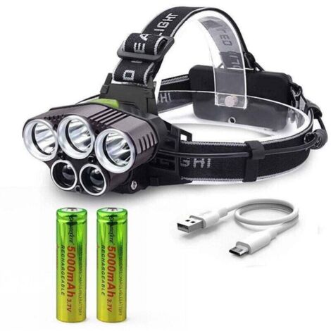 Linterna frontal recargable, lúmenes de iluminación ultrapotentes, recargable por USB, 5 LED, 6 modos de iluminación, 2 baterías, a prueba de golpes, para caminar, correr, acampar, escalar, hacer send