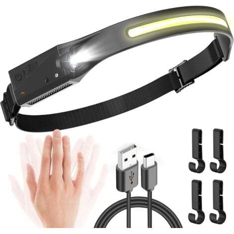 OTROS Linterna frontal recargable por USB, linterna frontal LED ultrapotente UNBON con 5 modos de iluminación, sensor de movimiento, linterna frontal ligera e impermeable para bricolaje, pesca, ciclismo, ca