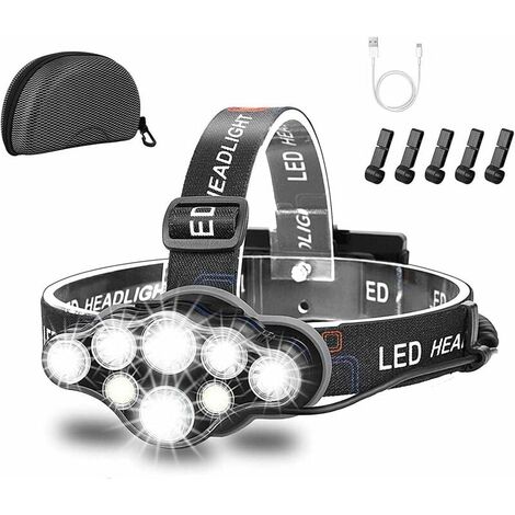 Linterna frontal, superbrillante, 18000 lúmenes, 8 LED, ajustable, resistente al agua, recargable por USB, para camping, pesca, cueva, trotar y senderismo