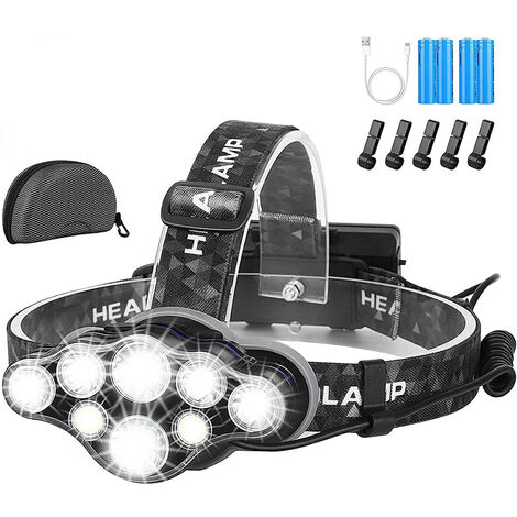 Linterna frontal, superbrillante, 8 LED, 18000 lúmenes, recargable por USB, resistente al agua, ajustable para camping, pesca, cueva, trotar y senderismo