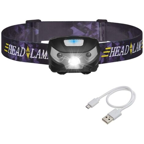 Linterna frontal, USB, negra