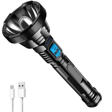 Linterna LED de alta potencia y brillo intenso, recargable por USB, ideal para acampar y cazar.