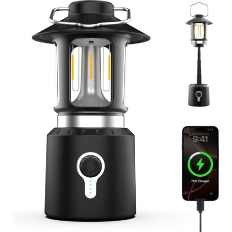 Linterna LED de camping, recargable de 8000 mAh con 3 modos de luz, resistente al agua y a los golpes, para tienda de campaña, con batería, color negro