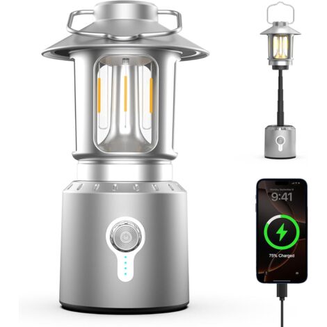 Linterna LED de camping, recargable de 8000 mAh con 3 modos de luz, resistente al agua y a los golpes, para tienda de campaña, con batería, color plateado