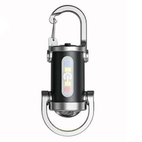 Linterna LED impermeable con llavero, batería recargable integrada y cargador USB tipo C externo para senderismo y acampada al aire libre.