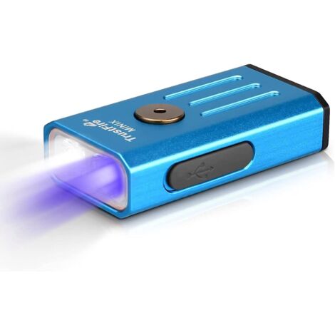 Linterna LED llavero, mini linterna EDC de 320 lúmenes, linterna portátil pequeña y ligera (luz blanca + UV (365 nm) doble, cuerpo azul claro)