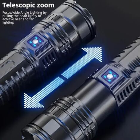Linterna LED portátil, recargable y ultrabrillante con láser blanco de largo alcance y zoom para uso en exteriores. Incorpora un láser blanco ultra potente de largo alcance con zoom para uso en exteri