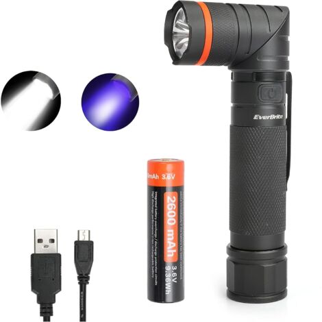 Linterna LED potente recargable por USB, resistente al agua, UV, 2 en 1, giratoria 90°, 3 modos de iluminación ajustables para reparación de automóviles, trabajo y emergencias.
