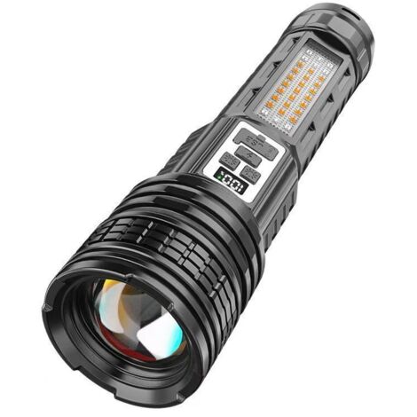 Linterna LED recargable extragrande con zoom de largo alcance, iluminación exterior e indicador digital de batería.