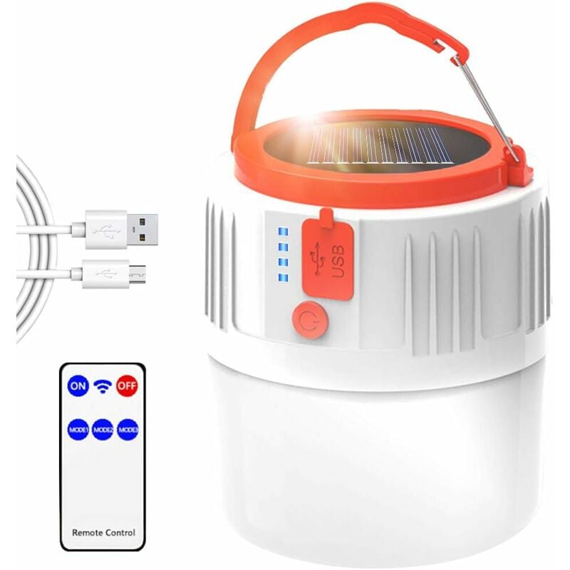 

Linterna LED recargable para camping, lámpara portátil solar / USB con control remoto, impermeable IP45 2200 mAh, banco de energía, lámpara colgante