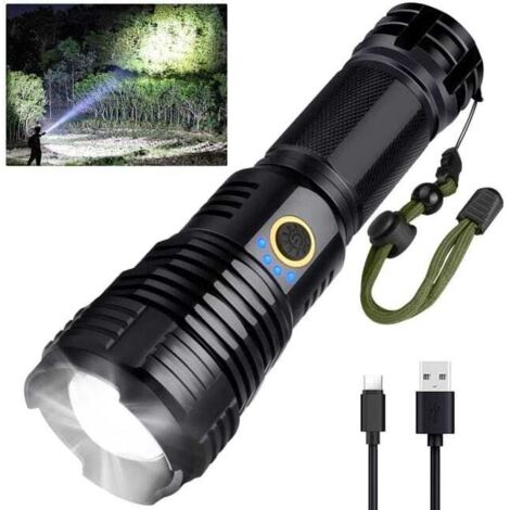 Linterna LED recargable por USB de 90.000 lúmenes, XHP70, con zoom, resistente al agua, potente, 5 modos e indicador de encendido.