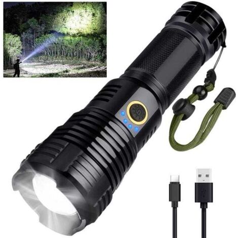 Linterna LED recargable por USB de 90000 lúmenes, XHP70, con zoom, resistente al agua, potente, con 5 modos e indicador de batería.