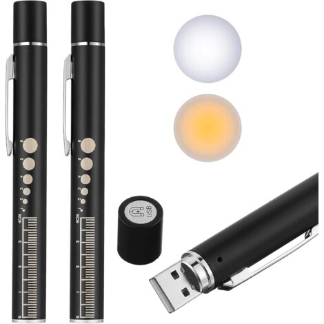 Linterna LED reutilizable para estudiantes, médicos, enfermeras con 2 fuentes de luz LED, recargable por USB, bombilla extra cálida, clip de bolsillo (negro, paquete de 2)