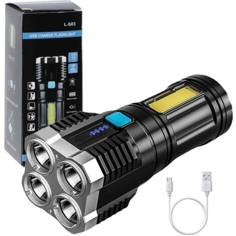 Linterna LED superbrillante, recargable por USB con luz lateral, 4 modos, potentes lúmenes COB para acampar al aire libre [Clase energética A+++]