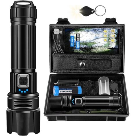 Linterna LED ultra potente, 500.000 lúmenes, recargable con batería de 5000 mAh, con zoom y 5 modos.