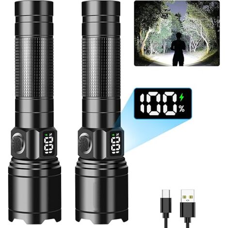 Linterna LED ultra potente de 100 000 lúmenes, linterna recargable por USB, linterna potente de largo alcance, resistente al agua IP65 para acampar, hacer senderismo y emergencias