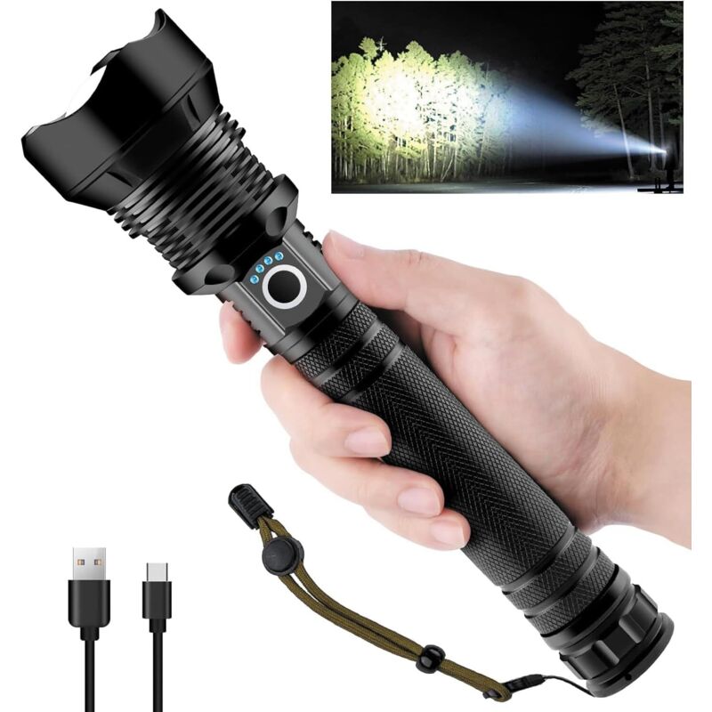 Linterna led ultrapotente, 90 000 lúmenes, recargable por usb tipo c, XHP70, ajustable, con zoom, resistente al agua, ideal para camping, senderismo