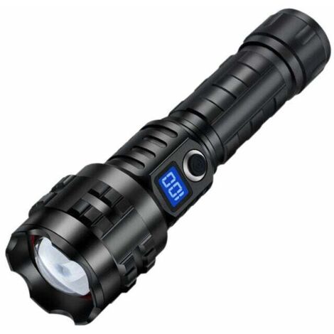 Linterna LED ultrapotente de 15 000 lúmenes, luz táctica impermeable con zoom y 5 modos de iluminación para camping, senderismo y emergencias.