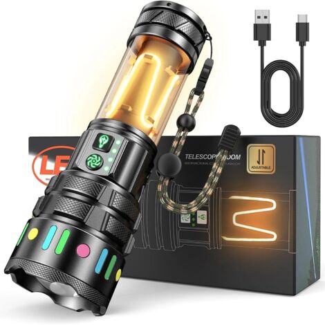 Linterna LED ultrapotente, recargable, 900000 lux, con luz de camping, zoom, 11 modos, batería de 5000 mAh, linterna táctica impermeable