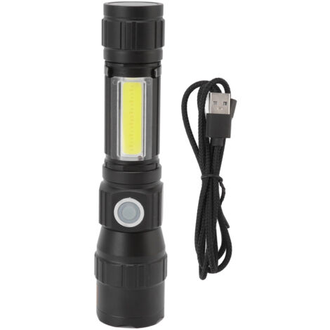 Linterna LED UV recargable con 7 modos, conexión USB, resistente al agua y clip de bolsillo.