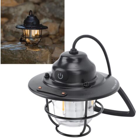 Linterna LED vintage para camping con forma de piña, batería recargable USB-C, resistente al agua, 1200 mAh, 2,0 W, color negro.