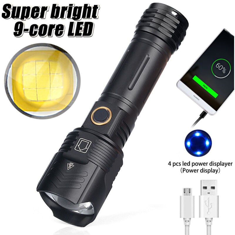 Linterna LED XHP100 recargable de 12000 lúmenes, superpotencia, linterna táctica con zoom, 5 modos, antorchas de mano, antorcha USB para acampar al