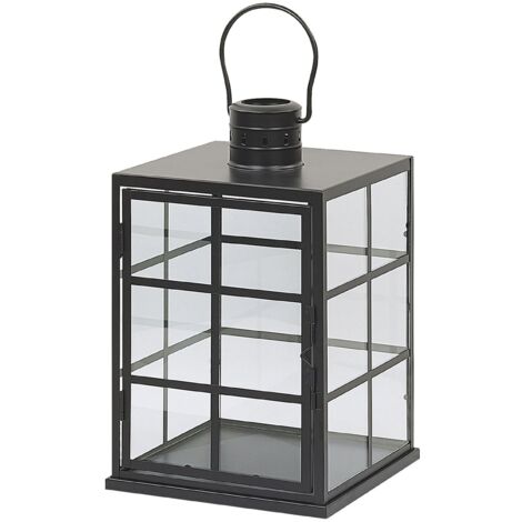 Linterna metálica negra de decoración escandinava y altura 27 cm con portavelas de cristal Bintan