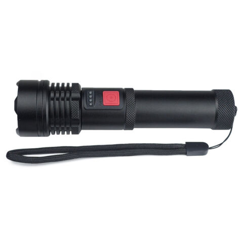 Linterna P50 de alta luminosidad con batería recargable por USB integrada y linterna LED giratoria.