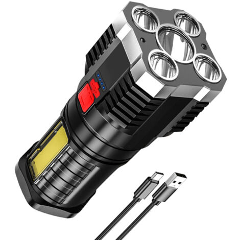 Linterna portátil de 5 LED, de alta luminosidad, recargable por USB, con luz lateral y 4 modos de iluminación. Ideal para acampar, hacer senderismo, aventuras y emergencias domésticas.