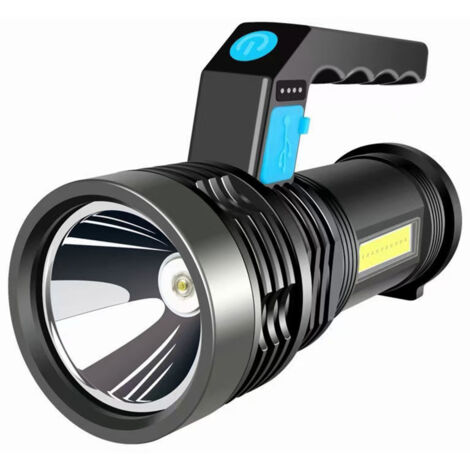 Linterna recargable de largo alcance y alta potencia, ideal para el hogar y actividades al aire libre. Iluminación potente con haz lateral y doble fuente de luz LED. Linterna portátil con batería de 8