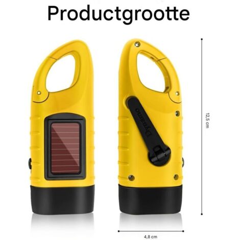 Linterna solar LED impermeable de 13 cm con dinamo y manivela - Panel solar integrado, alto brillo, mosquetón
