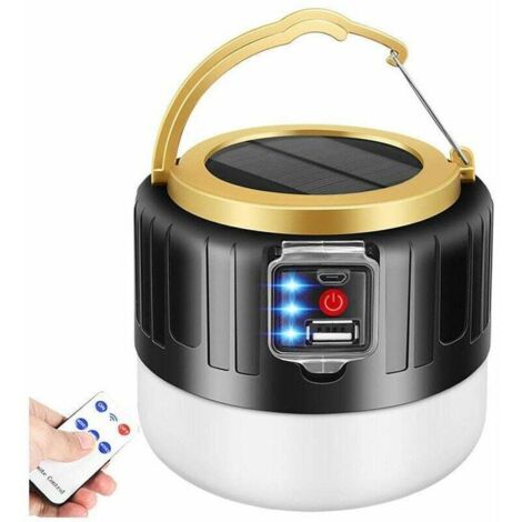 Linterna solar LED para camping, linterna de emergencia recargable, luz de tienda con control remoto, batería externa, 3 modos de iluminación, para exteriores, camping y viajes.