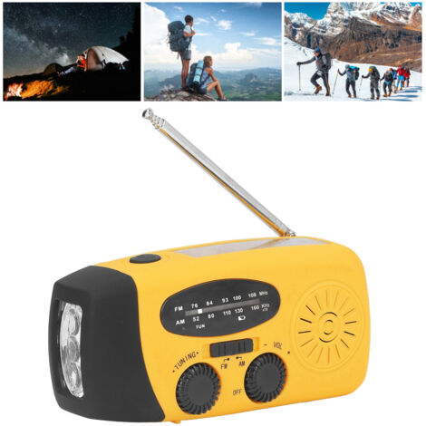 Linterna solar multifuncional con manivela, luz estroboscópica LED, batería recargable por USB (1200 mAh), clasificación de protección IPX3, antena FM/AM/WB (5 piezas), carcasa compacta de ABS (12,8 c