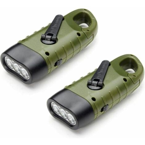 Linterna solar recargable (paquete de 2), linterna LED de emergencia con dinamo y manivela, con mosquetón, para senderismo, viajes, camping y escalada, color verde militar.