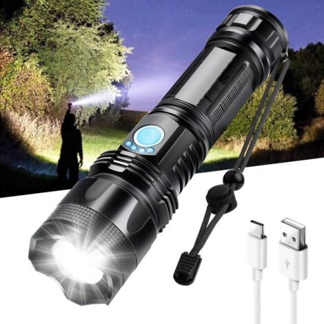 Linternas recargables de alto brillo - 100.000 lúmenes - Linterna LED P70 de alta potencia con 5 modos, con zoom, resistente al agua IP67 para emergencias y acampadas