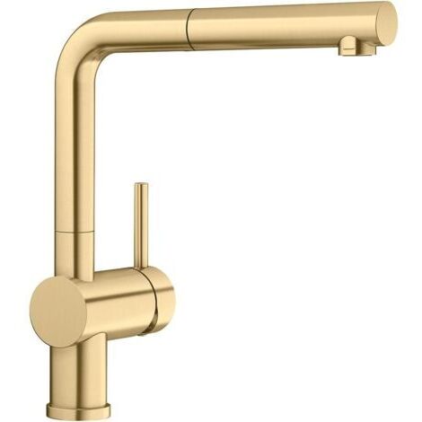 LINUS-S Robinet de cuisine en or satiné, haute pression, avec tuyau extractible, clapet anti-retour, cartouche en céramique, qualité de l'eau garantie et économie d'eau