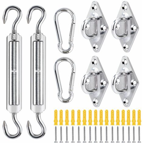 Linxor – Kit de fixation en acier inoxydable 304 pour voile d'ombrage – Support 150kg – 4 supports, 2 mousquetons, 2 tendeurs – Usage extérieur