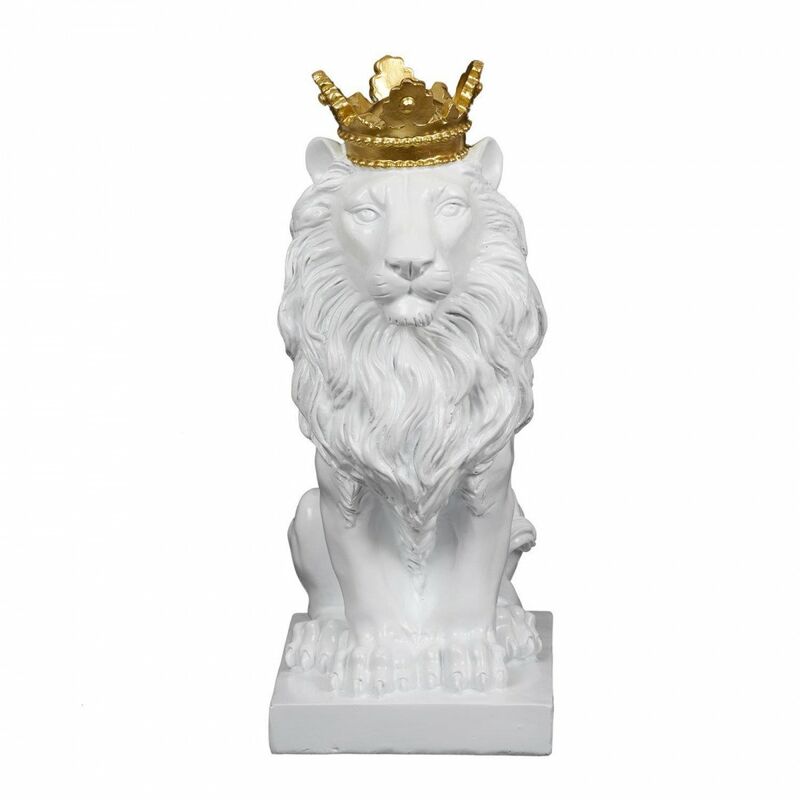 Northix - Statue de Lion avec Couronne d'Or - Blanc