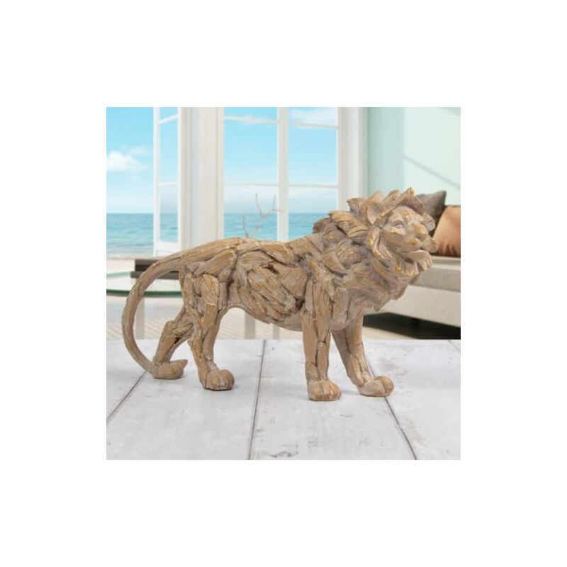 Lion Ornament Driftwood Style Resin Lion Wood Effect Indoor Sculpture Figurine