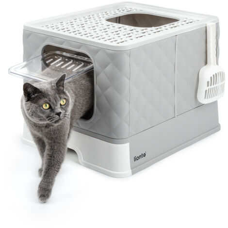 lionto Katzentoilette mit Schublade & Schaufel, 50,5x40,8x37 cm, weiß-grau