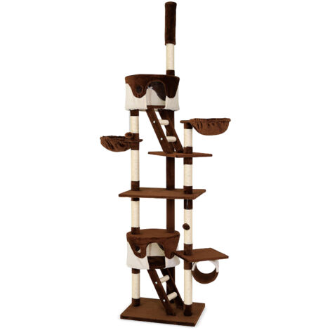 lionto Kratzbaum mit Deckenspanner, 230-250 cm großer Aktivitätsturm mit 2 Höhlen, 2 Liegemulden, Treppen & Spielbällen, braun/beige