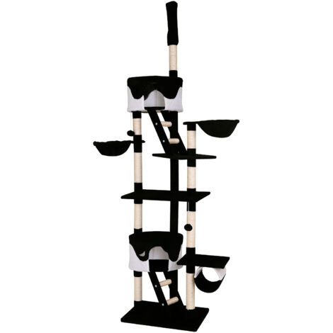 lionto Kratzbaum mit Deckenspanner, 230-250 cm großer Aktivitätsturm mit 2 Höhlen, 2 Liegemulden, Treppen & Spielbällen, schwarz/weiß