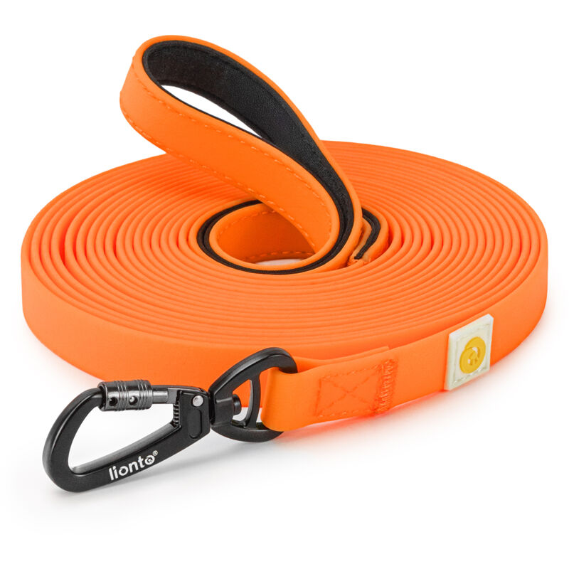 Lionto Schleppleine Für Hunde 15 M, Strapazierfähig & Wasserdicht Mit Weicher Neopren-handschlaufe Und Drehkarabiner, Orange