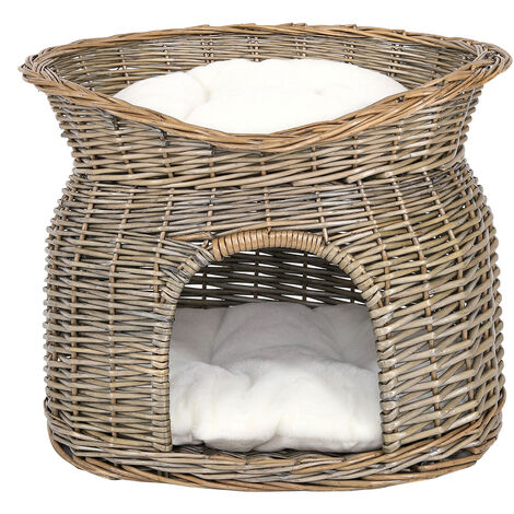 lionto Weidenkorb für Katzen Katzenhöhle Katzenkorb mit Kissen 55x39x43 cm Grau