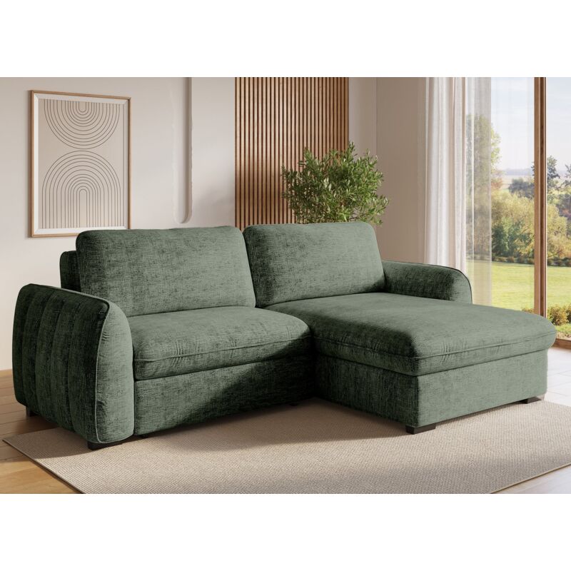 Deco In Paris - liora - Canapé d'angle convertible et réversible avec coffre en velours chiné vert kaki liora