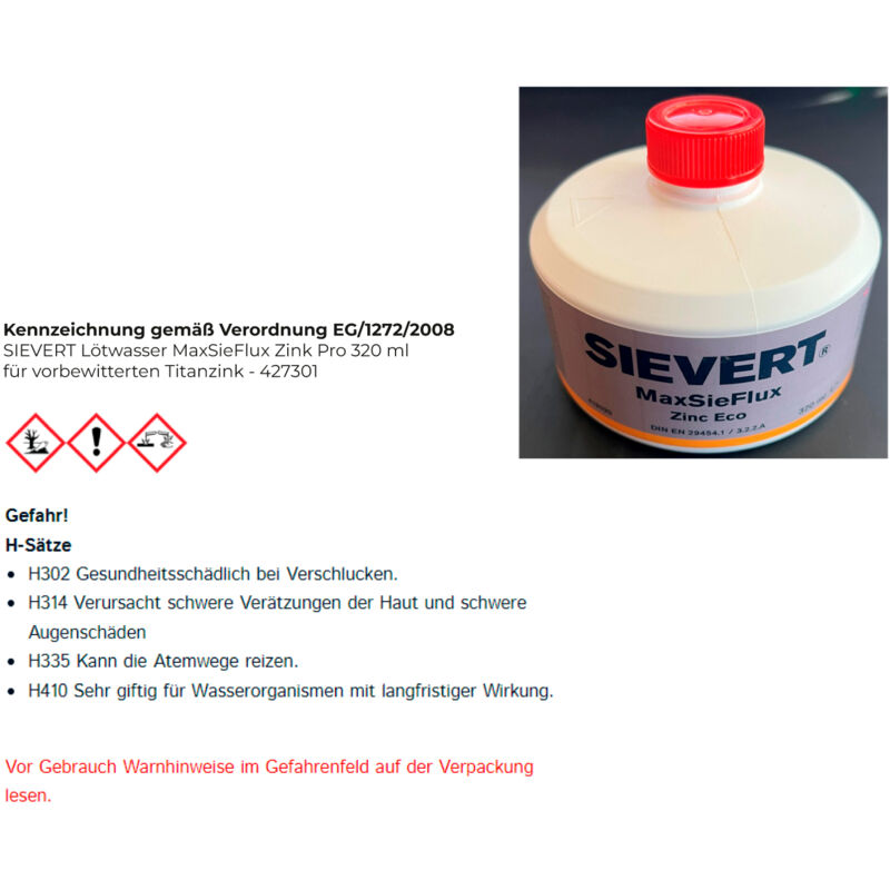 SIEVERT Eau de soudage MaxSieFlux Zink Pro 320 ml pour zinc titane prépatiné - 427301