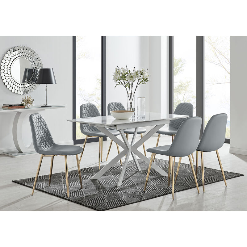 Lira 120 Extending Dining Table and 6 Grey Corona Faux Leather DiFaux Leather Dining Chairs with Gold Legs Diamond Stitch - Elephant Grey