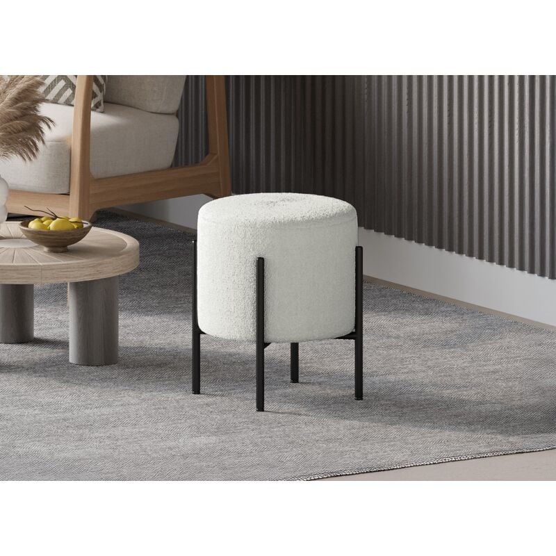 Liren - Pouf design en tissu bouclette blanc écru et pieds en métal noir liren